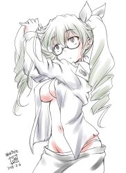 Rule 34 | 10s, adjusting hair, anchovy (girls und panzer), artist name, bad id, bad twitter id, black-framed eyewear, black ribbon, breasts, clothes pull, commentary request, dated, drill hair, girls und panzer, glasses, green hair, hair ribbon, hair undone, highres, iwami kyuuto, long hair, looking up, medium breasts, navel, no bra, open clothes, open shirt, pajamas, panties, pants, pants pull, parted lips, red eyes, ribbon, shirt, signature, simple background, solo, standing, twin drills, twintails, underwear, upper body, white background, white panties, white pants, white shirt
