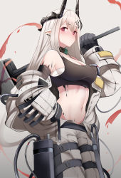 Rule 34 | 1girl, absurdres, albino, arknights, bandaged arm, bandages, bare shoulders, black gloves, blush, breasts, cleavage, closed mouth, collar, commentary, cowboy shot, crop top, earrings, gloves, grey background, hair ornament, hammer, hand on own hip, highres, holding, holding hammer, holding weapon, horns, infection monitor (arknights), jewelry, large breasts, long sleeves, looking at viewer, material growth, midriff, mudrock (arknights), navel, open clothes, oripathy lesion (arknights), pointy ears, red eyes, sally (luna-arts), sarashi, simple background, solo, sports bra, stomach, weapon, white hair