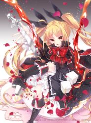 Rule 34 | 1girl, black footwear, black ribbon, blazblue, blonde hair, boots, bow, bowtie, copyright name, eyebrows, gothic lolita, hair ribbon, highres, knee boots, lolita fashion, long hair, looking at viewer, rachel alucard, red bow, red eyes, red ribbon, ribbon, solo, takamiya ren, tongue, tongue out, twintails, very long hair