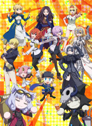 Rule 34 | 1boy, 6+girls, absurdres, ahoge, alcohol, armor, armored dress, artoria pendragon (fate), baseball cap, black dress, black pantyhose, black skirt, black thighhighs, blonde hair, blue eyes, boots, breasts, brown hair, carrot, chaldea uniform, confetti, corn dog, cosplay, cup, dress, drinking glass, fangs, fate/grand carnival, fate/grand order, fate (series), fou (fate), fujimaru ritsuka (female), gauntlets, gilgamesh, gilgamesh (caster) (fate), gilgamesh (establishment) (fate), gilgamesh (fate), glasses, green eyes, hair ornament, hair over one eye, hair scrunchie, hat, highres, horns, instrument, jacket, jeanne d&#039;arc (fate), jeanne d&#039;arc alter (avenger) (fate), jeanne d&#039;arc alter (fate), key visual, large breasts, light purple hair, long sleeves, looking at viewer, maracas, mash kyrielight, mask, multiple girls, mysterious neko v, mysterious neko w, mysterious neko x, mysterious neko y, necktie, nero claudius (fate), nero claudius (fate) (all), nero claudius (fate/extra), official alternate costume, official art, open mouth, orange eyes, orange hair, pantyhose, pleated skirt, promotional art, purple eyes, red eyes, scar, scar on face, scarf, scrunchie, shinai, short hair, side ponytail, single horn, skirt, skull mask, smile, sword, tail, teeth, thighhighs, upper teeth only, weapon, white footwear, wine, wine glass, yellow eyes, zettai ryouiki