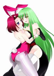 Rule 34 | 00s, 2girls, ageha0709, agekichi (heart shape), animal ears, ass, ass grab, bad id, bad pixiv id, bare back, bare shoulders, between legs, blue eyes, blush, breast press, breasts, c.c., cleavage, code geass, detached sleeves, dress, fake animal ears, green hair, happy, holding hands, imminent kiss, kouzuki kallen, large breasts, legs, long hair, multiple girls, naughty face, open mouth, pantyhose, pink hair, playboy bunny, rabbit ears, red hair, smile, strapless, strapless dress, symmetrical docking, thighhighs, wrist cuffs, yellow eyes, yuri