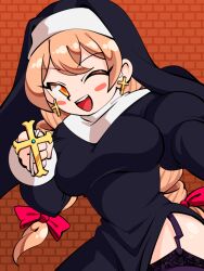Rule 34 | 1girl, alternate costume, blush stickers, bow, braid, breasts, brick wall, cross, cross earrings, earrings, garter straps, habit, hair bow, holding, holding cross, imijikumo36, jewelry, lace trim, large breasts, long hair, looking at viewer, multiple hair bows, nun, one eye closed, open mouth, orange hair, purple thighhighs, solo, thighhighs, touhou, twin braids, yellow eyes, yorigami jo&#039;on