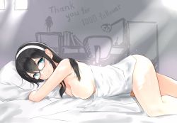 Rule 34 | 1girl, alternate breast size, bed, bed sheet, black-framed eyewear, black hair, blue eyes, breasts, c-da, chair, commentary request, desk, feet out of frame, milestone celebration, hairband, highres, kantai collection, light rays, long hair, lying, medium breasts, nude, on stomach, ooyodo (kancolle), semi-rimless eyewear, solo, sunbeam, sunlight, under-rim eyewear, white hairband, window