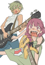 Rule 34 | 2girls, @ @, a85as66, bass guitar, black nails, blue pants, blush, bocchi the rock!, commentary request, crossover, dark-skinned female, dark skin, dress, girls band cry, green dress, green eyes, green hair, guitar, highres, hiroi kikuri, holding, holding guitar, holding instrument, instrument, korean commentary, looking at viewer, multiple girls, open mouth, pants, purple eyes, purple hair, ribbed sweater, rupa (girls band cry), sharp teeth, short hair, simple background, sleeveless, sleeveless dress, sleeveless sweater, smile, sweater, teeth, tongue, tongue out, whip, white sweater
