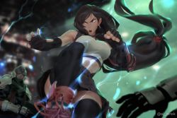 Rule 34 | 1boy, 1girl, aljerek, arm guards, armor, black hair, black skirt, black thighhighs, blurry, blurry background, earrings, elbow gloves, fighting, final fantasy, final fantasy vii, fingerless gloves, gloves, jewelry, long hair, low-tied long hair, midriff, open mouth, red eyes, skirt, soldier, solo focus, stomach, suspender skirt, suspenders, tagme, tank top, thighhighs, tifa lockhart, very long hair, white tank top