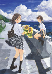 Rule 34 | 2girls, arm support, back, bag, black eyes, black footwear, black hair, black neckwear, black socks, blue sky, blush, bouquet, breasts, brown eyes, brown hair, cloud, cloudy sky, collared shirt, day, face, fence, flower, grass, holding, kneehighs, kneepits, legs, light smile, loafers, looking at viewer, looking back, miniskirt, mountain, multiple girls, necktie, ocean, open mouth, original, outdoors, petals, pigeon-toed, plaid, plaid skirt, pleated skirt, ponytail, road, school uniform, shadow, shirt, shoes, short hair, short sleeves, short twintails, shoulder bag, simon (kappa no kawanagare), sitting, skirt, sky, smile, socks, standing, sunflower, twintails, water, white shirt, wind, wind lift