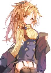 Rule 34 | 1girl, absurdres, arknights, black hair, black jacket, blue skirt, buttons, cowboy shot, feather hair, garter straps, head tilt, high-waist skirt, highres, jacket, long hair, looking at viewer, mole, mole under eye, official art, orange eyes, orange hair, pinecone (arknights), ponytail, removing jacket, simple background, skirt, solo, suspender skirt, suspenders, suzuiro (chocolatte), sweater, sweater tucked in, thighs, white background, yellow sweater