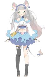 Rule 34 | 1girl, absurdres, animal ears, arms at sides, asymmetrical legwear, bare shoulders, big hair, black thighhighs, blue skirt, buck teeth, copyright request, detached sleeves, donguri suzume, drill hair, earclip, fortissimo, full body, gloves, green eyes, grey hair, hair ornament, half-closed eyes, head tilt, heart, highres, long hair, long sleeves, looking at viewer, midriff, mouse ears, mouse tail, musical note, musical note hair ornament, nail polish, navel, no shoes, parted lips, partially fingerless gloves, pink nails, single sock, single thighhigh, skirt, socks, solo, standing, tail, tail ornament, teeth, thighhighs, toeless legwear, toenail polish, toenails, uneven legwear, upper teeth only, virtual youtuber