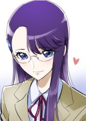 Rule 34 | 1girl, blazer, blue background, blue eyes, collared shirt, commentary request, glasses, gradient background, hair between eyes, hair ornament, hairclip, heart, heartcatch precure!, jacket, long hair, looking at viewer, precure, purple hair, red ribbon, ribbon, rimless eyewear, school uniform, shirt, smile, solo, straight hair, swept bangs, tsukikage oyama, tsukikage yuri, upper body, white background, white shirt, wing collar