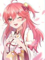 Rule 34 | 1girl, ahoge, bare shoulders, bell, green eyes, hair bell, hair between eyes, hair ornament, hairclip, harui (hr x9 ), highres, hololive, long hair, one eye closed, open mouth, paw print, paw print pattern, pink hair, sakura miko, sakura miko (1st costume), signature, solo, tears, virtual youtuber, x hair ornament