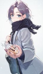 Rule 34 | 1girl, absurdres, ahoge, asakura toru, bag, bandaid, bandaid on hand, black scarf, blue eyes, blue hair, blush, breath, closed mouth, coat, cold, commentary, cookie, cowboy shot, ear piercing, eyelashes, food, from side, gradient hair, grey background, grey coat, highres, holding, holding bag, idolmaster, idolmaster shiny colors, incoming gift, light blue hair, looking at viewer, multicolored hair, nail polish, outstretched arm, parted bangs, pen in pocket, piercing, plastic bag, purple hair, purple nails, scarf, school bag, short hair, simple background, smile, snow, snowing, solo, two-tone hair, zelo6