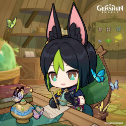 Rule 34 | 1boy, absurdres, animal ear fluff, animal ears, aqua pupils, black gloves, black hair, brown eyes, bug, butterfly, chibi, commentary, copyright name, dot nose, english commentary, flower, genshin impact, gloves, green hair, highres, holding, indoors, insect, male focus, medium hair, multicolored hair, official art, on chair, open mouth, short sleeves, sitting, smile, streaked hair, tail, tighnari (genshin impact), vision (genshin impact), wooden chair, writing, yellow flower