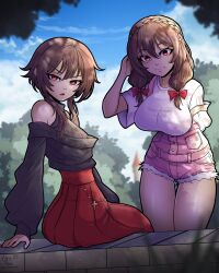 Rule 34 | 2girls, absurdres, alternate costume, black sweater, blue sky, blurry, blurry background, bow, braid, breasts, brown hair, castle, commentary, english commentary, forest, hair bow, hand up, high-waist skirt, highres, kluverdesigns, kono subarashii sekai ni shukufuku wo!, large breasts, long hair, looking at viewer, megumin, multiple girls, nature, off-shoulder sweater, off shoulder, outdoors, overalls, parted lips, pink overalls, red eyes, red skirt, shirt, short hair with long locks, short sleeves, sitting, skirt, sky, strap slip, sweater, thigh gap, thighs, v-shaped eyebrows, white shirt, yunyun (konosuba)