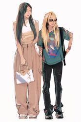 Rule 34 | 2girls, bag, black footwear, black hair, black pants, blonde hair, bracelet, brown eyes, brown pants, cbb (tuucoo), chaeyoung (twice), full body, green shirt, grey footwear, handbag, holding, holding another&#039;s arm, holding bag, jewelry, k-pop, long hair, multiple girls, open mouth, pants, real life, sana (twice), shirt, shoes, sleeveless, sleeveless sweater, smile, sneakers, standing, sunglasses, sweater, twice (group), white background, white sweater