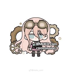 Rule 34 | 1girl, artist name, barbed wire, belt, black belt, black choker, blonde hair, blue bow, blue bowtie, blue eyes, blush stickers, boots, bow, bowtie, brown-framed eyewear, brown footwear, chibi, chinese commentary, choker, commentary request, commission, danganronpa (series), danganronpa v3: killing harmony, eyes visible through hair, flat color, gears, goggles, goggles on head, hair between eyes, high belt, highres, iruma miu, knee boots, long hair, long sleeves, looking at viewer, miniskirt, muko com, multiple belts, no mouth, o-ring, o-ring belt, over-kneehighs, pink serafuku, pink shirt, pink skirt, pleated skirt, round eyewear, sailor collar, school uniform, serafuku, shirt, simple background, skirt, sleeves past wrists, socks, solo, straight-on, thigh belt, thigh strap, thighhighs, very long hair, weibo watermark, white background, white sailor collar, white socks