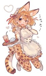 Rule 34 | 10s, 1girl, :d, adapted costume, animal ears, animal print, ankle boots, apron, artist name, blush, boots, bow, bowtie, breasts, brown eyes, buttons, clenched hand, cup, drink, drinking glass, drinking straw, elbow gloves, extra ears, eyelashes, fang, food, frilled apron, frilled hairband, frills, full body, gloves, hair between eyes, hair ornament, hair ribbon, hairband, hanako151, heart, highres, holding, holding tray, ice, ice cube, japari bun, jumping, kemono friends, light brown hair, looking at viewer, maid, maid headdress, medium breasts, nose blush, open mouth, paw pose, print bow, print bowtie, print gloves, print neckwear, print skirt, print thighhighs, puffy short sleeves, puffy sleeves, red ribbon, ribbon, serval (kemono friends), serval print, serval tail, short hair, short sleeves, signature, skindentation, skirt, sleeve cuffs, smile, solo, sound effects, striped tail, tail, tareme, thighhighs, tray, waitress, white apron, white background, white footwear, white hairband, zettai ryouiki