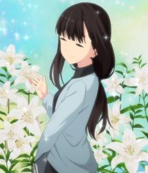 Rule 34 | 1girl, black hair, book, closed eyes, flower, from side, lily (flower), long hair, screencap, solo, sparkle, stitched, textbook, third-party edit, toba minami, yurucamp