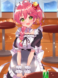 Rule 34 | 1girl, ahoge, alternate costume, alternate hairstyle, blurry, blurry background, blush, braid, breasts, commentary request, green eyes, highres, hololive, large breasts, maid headdress, medium hair, mi taro333, open mouth, sakura miko, side braid, solo, tray, virtual youtuber