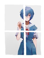 Rule 34 | 1girl, ayanami rei, bad id, bad pixiv id, blouse, blue dress, blue hair, bow, bowtie, closed mouth, cowboy shot, curled fingers, dress, dress shirt, expressionless, hand up, highres, karasuuri (k0716), looking at viewer, neon genesis evangelion, pinafore dress, red bow, red bowtie, red eyes, school uniform, shirt, short hair, short sleeves, sleeveless dress, solo, tokyo-3 middle school uniform, upper body, white background, white shirt, window