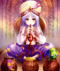 Rule 34 | 10s, 1girl, absurdres, angel beats!, arabian clothes, baggy pants, barefoot, basket, crescent, flute, goto p, highres, indian clothes, instrument, long hair, looking at viewer, ophiuchus (zodiac), pants, print pants, silver hair, snake, snake charmer, star (symbol), star print, tenshi (angel beats!), turban, yellow eyes