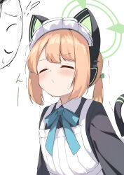 !? 1boy 1girl absurdres animal_ear_headphones animal_ears apron aqua_bow aqua_bowtie black_dress blonde_hair blue_archive blush bow bowtie cat_ears cat_tail closed_eyes doodle_sensei_(blue_archive) dress embarrassed fake_animal_ears green_bow green_halo hair_bow halo headphones highres incoming_kiss kiss maid maid_headdress midori_(blue_archive) midori_(maid)_(blue_archive) official_alternate_costume osmium-76 ponytail sensei_(blue_archive) short_hair short_ponytail sidelocks simple_background sweat tail trembling upper_body white_apron white_background