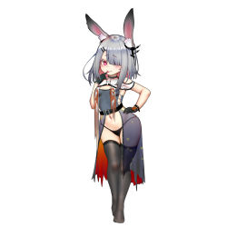 Rule 34 | 1girl, animal ear fluff, animal ears, arknights, bikini, black bikini, black dress, black gloves, black thighhighs, breasts, chinese commentary, commentary request, dress, finger to mouth, frostnova (arknights), full body, gloves, groin, hair ornament, hair over one eye, hairclip, hand on own hip, hand to own mouth, highres, legs, navel, open clothes, open dress, rabbit ears, red eyes, see-through, short hair, side-tie bikini bottom, silver hair, simple background, sleeveless, sleeveless dress, small breasts, smile, solo, swimsuit, taitai, thigh gap, thighhighs, thighs, tongue, tongue out, white background