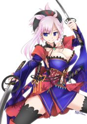 Rule 34 | 1girl, blue eyes, blush, breasts, collarbone, detached sleeves, earrings, fate/grand order, fate (series), hair ornament, highres, japanese clothes, jewelry, katana, kimono, large breasts, looking at viewer, midriff, miyamoto musashi (fate), miyamoto musashi (second ascension) (fate), navel, pink hair, ponytail, sash, short kimono, simple background, smile, solo, sword, thighhighs, tokihama jirou, weapon, white background
