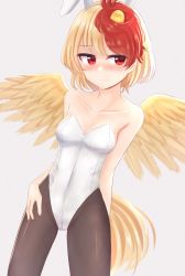 Rule 34 | absurdres, animal, animal ears, animal on head, bird, bird on head, bird tail, bird wings, black pantyhose, blonde hair, blush, breasts, chick, closed mouth, collarbone, commentary request, covered navel, dakuazu, dutch angle, fake animal ears, feathered wings, hand on own thigh, highres, leotard, multicolored hair, niwatari kutaka, on head, pantyhose, playboy bunny, rabbit ears, red eyes, red hair, small breasts, strapless, strapless leotard, tail, touhou, two-tone hair, white leotard, wings, yellow wings