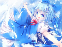 Rule 34 | 1girl, bad id, bad pixiv id, blue eyes, blue hair, bow, cirno, dress, female focus, gradient background, hair bow, matching hair/eyes, neck ribbon, nonaka, open mouth, outstretched arms, ribbon, short hair, smile, snowflakes, solo, touhou, white background, wings