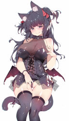 Rule 34 | 1girl, \||/, absurdres, animal ear fluff, animal ears, warrior of light (ff14), bat wings, between legs, black hair, black panties, black ribbon, black thighhighs, blush, breasts, cat ears, cat girl, cat tail, cleavage, closed mouth, corset, covered navel, cowboy shot, facial mark, final fantasy, final fantasy xiv, frontal wedgie, grey eyes, hair ribbon, hand between legs, heart, heart-shaped pupils, highres, large breasts, lingerie, long hair, looking at viewer, low wings, miqo&#039;te, mole, mole under eye, original, panties, partially visible vulva, red ribbon, ribbon, simple background, smile, solo, symbol-shaped pupils, tail, tail ornament, tail ribbon, thigh gap, thighhighs, thighs, tongue, tongue out, two side up, underwear, wedgie, whisker markings, white background, wings, zhazhapao