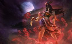 Rule 34 | 1girl, architecture, black hair, blood, blood on face, breasts, cleavage, east asian architecture, facial mark, hand fan, ghost, izanami (smite), japanese clothes, kimono, long hair, nail polish, night, night sky, official art, sickle, skull, sky, smite, solo, torn clothes, yellow eyes