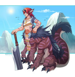 Rule 34 | 1boy, animal ears, artist name, black horns, blue background, blue eyes, body markings, centauroid, chest sarashi, claws, cropped shirt, ear piercing, full body, fur-tipped tail, grin, holding, holding weapon, horns, jewelry, ketaru, looking to the side, male focus, medium hair, monster boy, mountain, multiple legs, necklace, outdoors, pelvic curtain, pendant, piercing, pixiv fantasia, pixiv fantasia last saga, red hair, sarashi, sharp teeth, short sleeves, sitting, smile, solo, sun, tail, taur, teeth, toned, toned male, weapon, weapon request