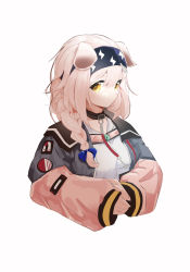 Rule 34 | 1girl, andersonalac, arknights, black hairband, blue bow, bow, braid, chinese commentary, closed mouth, collar, commentary request, cropped torso, goldenglow (arknights), hair bow, hair over shoulder, hairband, highres, jacket, lightning bolt print, long hair, long sleeves, looking at viewer, open clothes, open jacket, pink hair, shirt, single braid, smile, solo, upper body, white shirt, yellow eyes