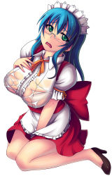 Rule 34 | 1girl, apron, bad id, blue hair, blush, breasts, dress, female focus, glasses, green eyes, headdress, high heels, kisaragi yakumo, large breasts, long hair, looking up, maid, maid apron, maid headdress, open mouth, original, see-through, shoes, sitting, solo, waitress, wet, wet clothes