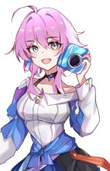 Rule 34 | 1girl, ahoge, bare shoulders, black choker, blue eyes, blue jacket, blue skirt, breasts, buttons, camera, choker, collarbone, commentary, dress shirt, earrings, english commentary, hair between eyes, hand up, highres, holding, holding camera, honkai: star rail, honkai (series), jacket, jewelry, long sleeves, march 7th (honkai: star rail), medium breasts, medium hair, min 2929, off shoulder, open mouth, pink eyes, pink hair, shirt, simple background, single earring, skirt, solo, tied jacket, two-tone eyes, upper body, white background, white shirt