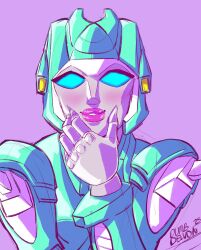Rule 34 | 1girl, absurdres, blue eyes, dumbdelvon, glowing, glowing eyes, hand on own face, helmet, highres, humanoid robot, looking at viewer, moonracer, pink lips, purple background, robot, thick lips, transformers, upper body