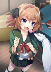 Rule 34 | 1girl, blue eyes, blurry, blurry background, blush, book, box, brown hair, candy, cardboard box, collarbone, commentary request, food, gloves, hachijou (kancolle), hair ribbon, kantai collection, lollipop, looking at viewer, military, military uniform, mofu namako, open mouth, pov, pov hands, ribbon, school uniform, short hair, solo focus, table, uniform, white gloves, wooden floor