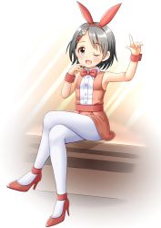 Rule 34 | 1girl, ;d, animal ears, arm up, bare shoulders, black hair, bow, bowtie, brown dress, brown eyes, collared dress, crossed legs, dress, fake animal ears, full body, hair ornament, hairband, hairclip, high heels, highres, idolmaster, idolmaster cinderella girls, looking at viewer, one eye closed, open mouth, pantyhose, rabbit ears, rabbit hair ornament, red bow, red bowtie, red footwear, red hairband, regular mow, sasaki chie, shoes, short hair, sitting, sleeveless, sleeveless dress, smile, solo, white pantyhose, wrist cuffs