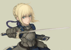 Rule 34 | 1girl, armor, artoria pendragon (all), artoria pendragon (fate), bad id, bad nicoseiga id, blonde hair, fate/stay night, fate (series), female focus, foreshortening, green eyes, looking at viewer, saber (fate), short hair, simple background, solo, sword, tommy (ha kka), weapon