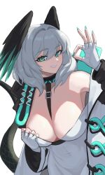 Rule 34 | 1girl, absurdres, aqua nails, arknights, bare shoulders, commentary request, dress, fingerless gloves, gloves, green eyes, grey hair, grin, head wings, highres, ho&#039;olheyak (arknights), infection monitor (arknights), looking at viewer, nail polish, off shoulder, ok sign, short hair, shortofsugar, simple background, smile, snake tail, solo, tail, upper body, white background, white dress, white gloves, wings