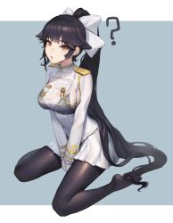 Rule 34 | 1girl, ?, aiguillette, azur lane, badge, between legs, black bra, black pantyhose, blue background, blunt bangs, bow, bra, breasts, closed mouth, expressionless, full body, gloves, hair bow, hand between legs, highres, large breasts, lips, long hair, long sleeves, military, military uniform, miniskirt, no shoes, orange eyes, outside border, own hands together, pantyhose, ponytail, romana, see-through, simple background, sitting, skirt, solo, takao (azur lane), underwear, uniform, very long hair, wariza, wet, wet clothes, white bow, white gloves, white skirt