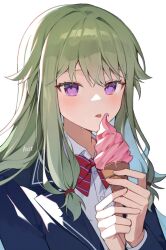 Rule 34 | 1girl, azit (down), blue jacket, bow, bowtie, commentary, food, green hair, hair ornament, ice cream, jacket, kusanagi nene, long hair, project sekai, purple eyes, shirt, solo, symbol-only commentary, tongue, tongue out, white background, white shirt