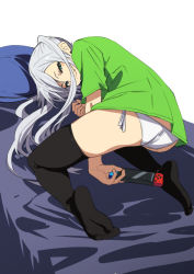Rule 34 | 1girl, ass, back, black socks, black thighhighs, blush stickers, fang, fang out, fu-ta, green eyes, kneehighs, long hair, looking at viewer, nintendo switch, original, panties, pillow, silver hair, socks, solo, thighhighs, twintails, underwear, white panties