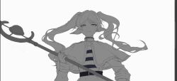 Rule 34 | 1girl, capelet, closed mouth, commentary, dress, elf, expressionless, floating hair, frieren, greyscale, highres, holding, holding staff, kumah dessu, long hair, long sleeves, looking at viewer, monochrome, pointy ears, solo, sousou no frieren, staff, twintails, unfinished