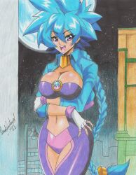 Rule 34 | 1girl, 2022, arms under breasts, artist name, blue hair, blue jacket, bodysuit, braid, braided ponytail, breasts, building, cleavage, commission, cropped jacket, curvy, female focus, fingerless gloves, gloves, highres, jacket, jewelry, large breasts, long braid, long hair, midriff, moon, navel, necklace, night, open mouth, original, outdoors, purple bodysuit, purple eyes, ravernclouk design, scar, scar on face, solo, spiked hair, standing, teeth, traditional media, upper teeth only, very long hair, white gloves