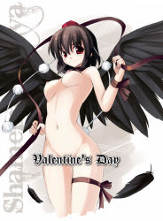 Rule 34 | 1girl, arched back, black feathers, black wings, breasts, breasts apart, censored, completely nude, feathers, female focus, hat, looking at viewer, nipples, nude, perky breasts, red eyes, ribbon, seo tatsuya, shameimaru aya, solo, standing, thigh gap, tokin hat, touhou, valentine, wide hips, wings