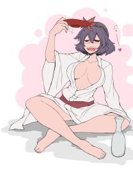 Rule 34 | 1girl, alternate costume, autumn leaves, barefoot, blush, breasts, closed eyes, commentary request, crossed legs, cup, drunk, full body, grey hair, hair between eyes, hair ornament, heart, highres, holding, holding cup, indian style, japanese clothes, kimono, kuri dora, large breasts, leaf hair ornament, long bangs, long sleeves, nose blush, open clothes, open kimono, open mouth, pink background, red sash, sakazuki, sash, short hair, sitting, smile, solo, squeans, teeth, tokkuri, touhou, upper teeth only, white kimono, wide sleeves, yasaka kanako
