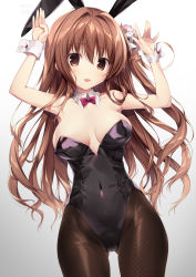 Rule 34 | 1girl, absurdres, animal ears, black leotard, black pantyhose, bow, bowtie, breasts, brown eyes, brown hair, commentary request, covered navel, cowboy shot, detached collar, fake animal ears, gradient background, grey background, highres, karory, leotard, long hair, looking at viewer, medium breasts, one side up, original, pantyhose, playboy bunny, rabbit ears, rabbit pose, red bow, red bowtie, shiny clothes, solo, strapless, strapless leotard, white background, wrist cuffs