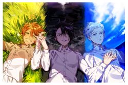 Rule 34 | 1girl, 2boys, :d, ahoge, black eyes, black hair, blue eyes, blush, buttons, closed mouth, cloud, day, emma (yakusoku no neverland), flower, grass, green eyes, holding hands, highres, long sleeves, looking at viewer, lying, multiple boys, neck tattoo, night, norman (yakusoku no neverland), number tattoo, on back, open mouth, orange hair, outdoors, ray (yakusoku no neverland), shirt, shore, short hair, sky, smile, tattoo, teeth, water, waves, white flower, white hair, white shirt, yakusoku no neverland, yala1453