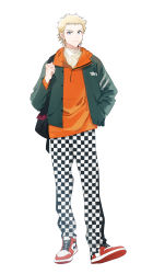 Rule 34 | 1boy, ace of diamond, backpack, bag, black pants, blonde hair, blue eyes, closed mouth, green jacket, highres, hood, hood down, hoodie, jacket, lack o, looking at viewer, male focus, narumiya mei, nike (company), open clothes, open jacket, orange hoodie, pants, plaid, plaid pants, red footwear, shirt, shoes, short hair, sneakers, solo, two-tone pants, white background, white pants, white shirt